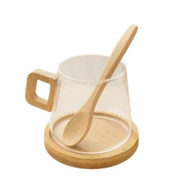 Imagem de Xícara de Vidro com Pires de Bambu e Mini Colher 300ml - GENERIC