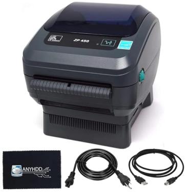 Imagem de Zebra ZP450 (ZP 450) Impressora térmica de etiquetas de código de barras – 1 ano de garantia, conectividade USB, serial e paralela resolução 203 DPI com cabo de alimentação + cabo USB 2.0 + pano de