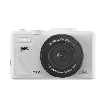 Imagem de Fockety Câmera digital 5K, câmera vlog com foco automático de 75 MP e zoom digital de 18X, tela flip de 3 polegadas com 180°, câmera retro com estabilizador de imagem (Branco)