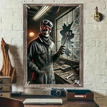 Imagem de BlissYard Banner de Halloween Gótico Crânio Mecânico Industrial Gótico Escuro Janela Banner Pano de Fundo 78 x 128 cm Poliéster Capa de Janela Decoração de Janela Decoração de Halloween Exibição de