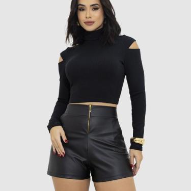 Imagem de Cropped Blusa Feminina Cacharrel Gola Alta Manga Longa - SWISS BOUTIQU