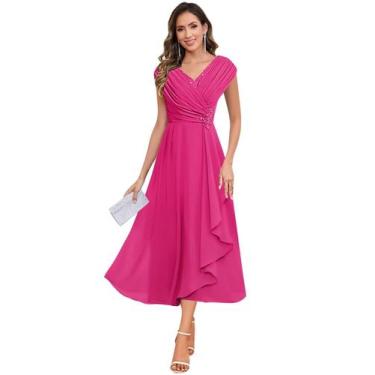 Imagem de Vestido Mãe da Noiva CDSSL Plus Size Chiffon rosa choque