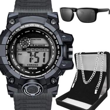 Imagem de Relogio Masculino Aco Preto Digital + Oculos Sol Grande Ajustavel Aute