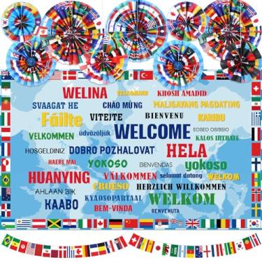Imagem de Outus 11 Pcs International Flags Party Decorations Around the World Banner Backdrop International Hanging Paper Fans String Flags Country Multicultural Decor for Sports Events Bar Party Supplies