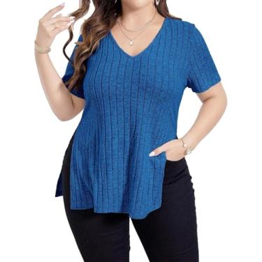 Imagem de Camisetas Femininas Com Nervuras Com Decote Em V Bainha Dividida Blusas De Manga Curta Leves De Malha Sólida Camiseta Básica Com Bainha Dividida, Blue, XXL