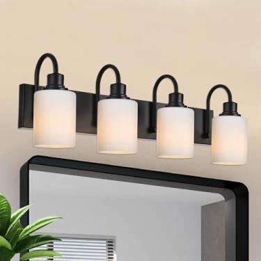 Imagem de VINLUZ Luminária de 4 luzes, arandelas de parede pretas foscas, com cúpula de vidro branco opala, interior de metal, luzes de banheiro sobre espelho para corredor, quarto