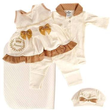 Imagem de Conjunto de Roupa de Bebê Reborn Bege e Marrom Poá 5 Peças