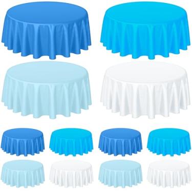 Imagem de Buryeah 12 peças de toalha de mesa redonda azul de plástico de 213 cm, à prova d'água, descartável, toalha de mesa circular, para casamento, festa de aniversário, revelação de gênero, chá de bebê