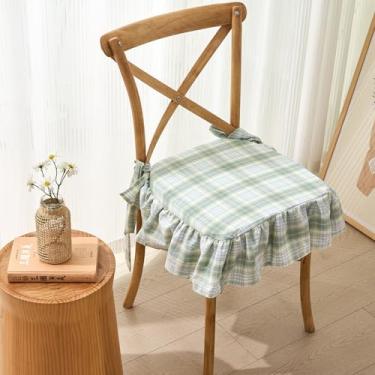 Imagem de vctops Almofada de cadeira xadrez de algodão para cozinha, sala de jantar, fazenda, tartã escocês, almofada de assento fina, espuma macia, antiderrapante, com capa removível (verde, 40,6 cm x 40,6 cm)