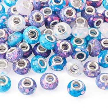 Imagem de Spritewelry Contas europeias azuis de resina para pulseira 14 mm contas de orifício grande 60 peças contas espaçadoras Rondelle transparente para fazer joias, pulseira, colar, brinco, artesanato