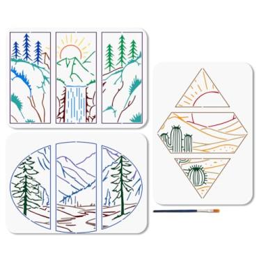 Imagem de MAYJOYDIY 3 peças de estêncil de paisagens naturais floresta montanha estêncil para pintura 29 × 20 cm modelo de desenho de cacto do deserto com pincel para parede móveis papel tela scrapbook