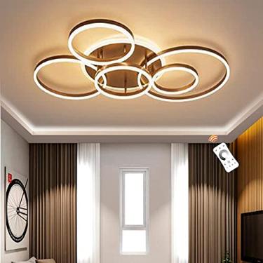 Imagem de Luminária de teto moderna com anel regulável e controle remoto, abajur de acrílico, design de alumínio, 6 cabeças, marrom, ideal para sala de estar, quarto, sala de jantar, cozinha e escritó