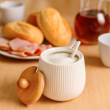 Imagem de Pote de Açúcar Cerâmica Oasis 330ml  Tampa de Bambu e Colher Inclusa -