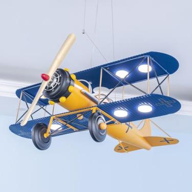 Imagem de Lustre infantil para quarto de meninos, lustre moderno de avião, luminária pendente de teto LED regulável, helicóptero vintage, metal, aeronave industrial, lâmpada suspensa para quarto de me