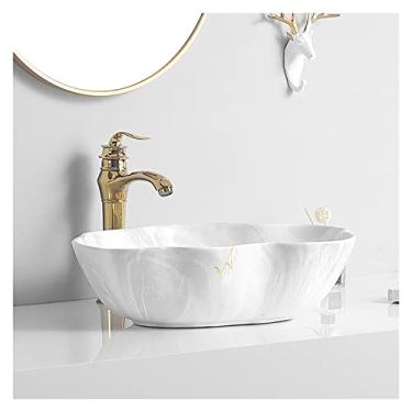 Imagem de Pias de banheiro Cerâmica Vaso de Banheiro Tigela de Pia Textura de Mármore Arte Oval Acima do Balcão Lavatório com Torneira Dourada e Pia de Vaso de Drenagem (Cor: B)