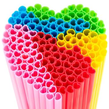 Imagem de Snowfall 100 canudos descartáveis em forma de coração - rosa, vermelho, amarelo, azul e verde, canudos de plástico fofos, embrulhados individualmente para o dia dos namorados, festa de aniversário