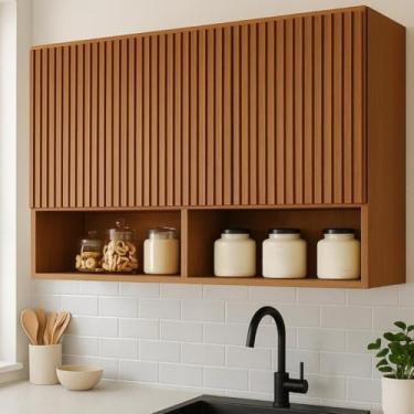 Imagem de Armario Multiuso Suspenso de 4 Portas em e Estrutura em para Cozinha ou Lavanderia Armario Aereo Escritorio(Freijo Ripado 3D)