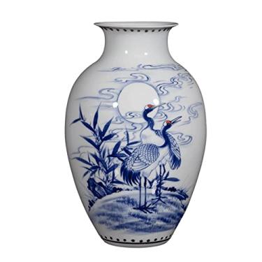 Imagem de AKALNNB Vaso de flor vaso de cerâmica grande 30 cm vasos de porcelana azul e branco chinês antigo pintado à mão vaso de flores de cerâmica áspera decoração quarto sala de estar Ro