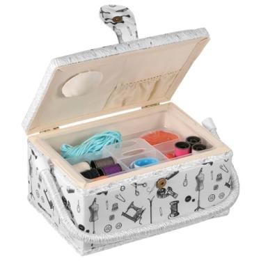 Imagem de Caixa de armazenamento de costura de camada dupla de tecido de madeira com bandeja removível e alça para agulhas, tesouras, botões, zíperes (branco)