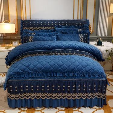 Imagem de Jogo de lençol de cama de flanela elegante e macia de quatro peças - capa de colcha de renda acolchoada de flanela confortável de alta qualidade, quente e anti-bolinhas e fronha de cama (F, fronha*2