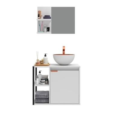 Imagem de Gabinete Banheiro Completo + Cuba + Espelheira + Armário Espelho Decoração Industrial Metal Madeira(Branco)