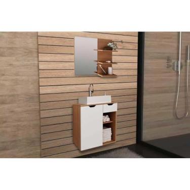 Imagem de Conjunto de Banheiro com Armário, Espelho, Balcão Suspenso, Cuba e Pia de 60cm na cor Amêndoa/Branco - Tecno Mobili