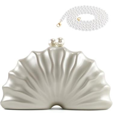 Imagem de Bolsa feminina de acrílico em forma de concha luxuosa de mármore acrílico exclusiva bolsa de ombro bolsa de ombro para festa de casamento, Pérola branca, Medium