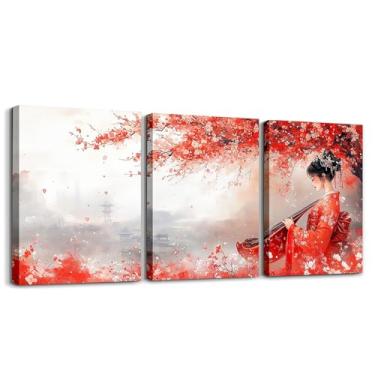 Imagem de Erosebridal 3 peças de arte de parede emoldurada de gueixa japonesa vintage japonesa decoração de parede paisagem feminina japonesa arte de parede em tela pintura japonesa flor de cerejeira impressão