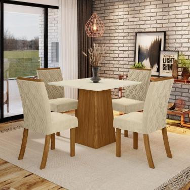 Imagem de Conjunto Sala De Jantar Tampo Mdf Canto Reto 90 Cm 04 Cadeiras Kalyna Henn Nature Off White Linho
