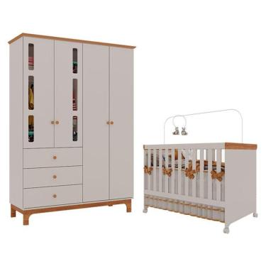Imagem de Berço Americano Mini Cama Com Guarda Roupa Infantil Antonella 4 Portas Off White Caramelo - Canaã