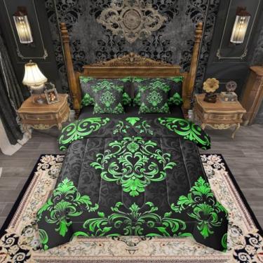 Imagem de Erosebridal Conjunto de edredom gótico preto verde limão com 7 peças, vintage, boêmio, damasco, floral, boêmio, exótico, gótico, para crianças e adultos, conjunto de lençol com flores barrocas
