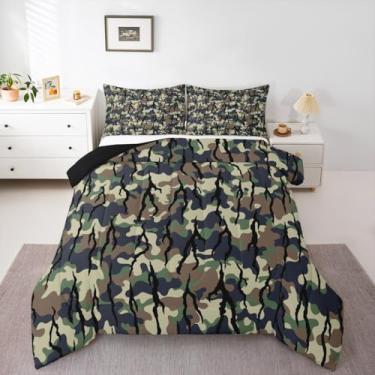 Imagem de Conjunto de edredom queen com camuflagem, rústico, casa de fazenda, camuflado, para crianças, meninos, meninas, caça, exército, preto e verde, edredom de microfibra, 3 peças com 2 fronhas