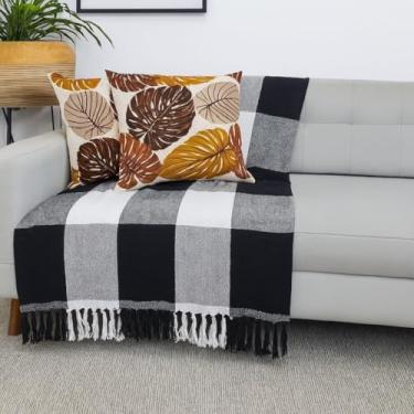 Imagem de Manta Para Sofá Gigante Luxo 100% Algodão com Franjas – Conforto e Decoração Elegante (PRETO XADREZ)