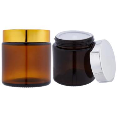 Imagem de GORGECRAFT 2 peças de frascos de vidro âmbar recarregáveis de 100 ml com tampas de prata preta vazio redondo creme facial recipientes de viagem pote de amostra para maquiagem loção sais de banho