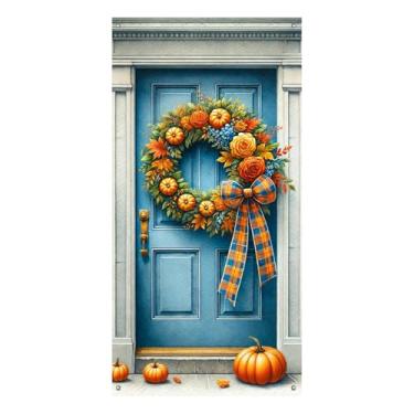Imagem de BlissYard Capa para porta de outono, 89 x 188 cm, decoração de guirlanda de abóbora com flores laranjas, folhas de bordo e fita xadrez, faixa de porta de varanda de ação de graças para decoração de