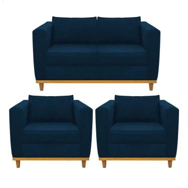 Imagem de Kit Sofá 2 Lugares 2 Poltronas Europa Suede Azul Marinho