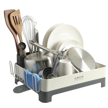 Imagem de Gibson Home Escorredor de pratos Nestcraft tamanho completo resistente à ferrugem com placa de drenagem e suporte de talheres - Branco