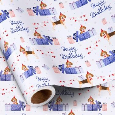 Imagem de RUSPEPA Rolo de papel de embrulho de aniversário de cachorro para meninos e meninas, mini rolo, lindo cachorro beagle em caixa de presente com design de texto de feliz aniversário, embrulho de