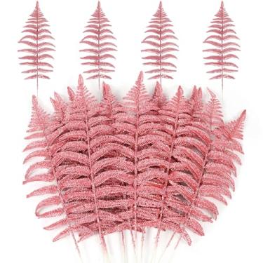 Imagem de MWOOT 16 peças de folhas artificiais de arbusto de samambaia de Natal, folhas de plantas artificiais com glitter rosa para centros de mesa, palitos de árvore de Natal falsos para guirlandas