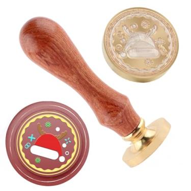 Imagem de Carimbo de lacre de cera de Natal chapéu de Papai Noel carimbo de latão e uma alça de madeira carimbos cabeça para cartões de natal convites de festa carta envelope cartões de felicitações presentes