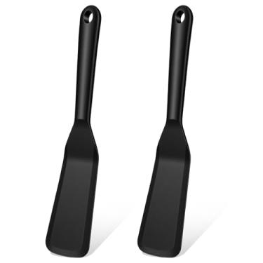 Imagem de LXUEJIE 2 peças de espátula fina de silicone preto, espátula de crepe fina resistente ao calor para servir panqueca para bolo de ovo, pizza, bife, omelete, crepes