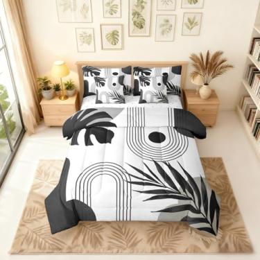 Imagem de Erosebridal Conjunto de edredom boêmio geométrico geométrico boêmio com lençóis, boêmio e geométrico boêmio, conjunto de cama king size preto e branco boêmio com lençóis, folha de palmeira tropical