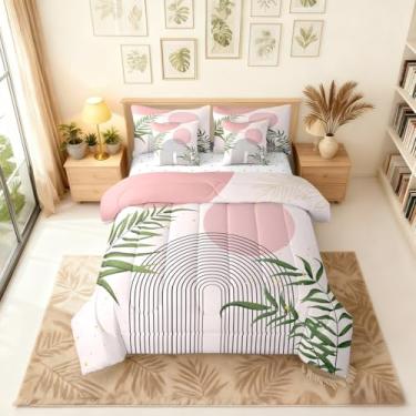 Imagem de Erosebridal Conjunto de cama boho Queen de meados do século 7 peças, conjunto de edredom geométrico abstrato rosa com lençóis, boêmio moderno, minimalista, em uma bolsa, folhas de palmeira verde