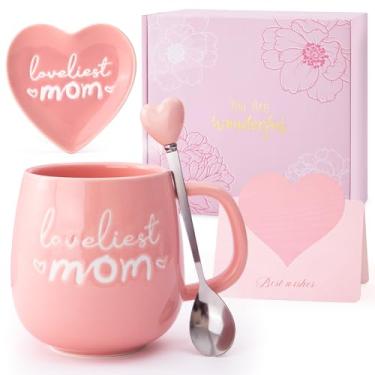 Imagem de Doublewhale Presentes para mãe de Daughter Son, Moms Birthday Christmas Gifts - Loveliest Mom - Caneca de café de cerâmica de 400 ml com colher de coração, bandeja de joias, travessa com caixa de