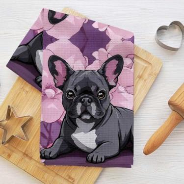 Imagem de Toalhas de cozinha fofas de buldogue francês, toalha de prato decorativa de microfibra absorvente floral rosa, toalhas de mão de waffle para cozinha, casa, banheiro, presentes para amantes de cães