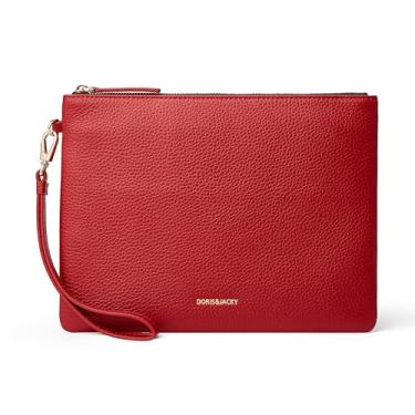 Imagem de DORIS&JACKY Bolsa clutch de couro feminina grande e fina com alça removível, Vermelho