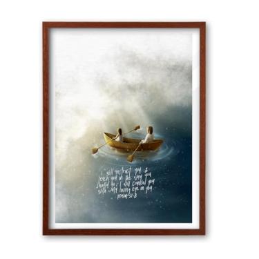 Imagem de iHery Arte de parede emoldurada de madeira de carvalho natural, cor de nogueira, grande, 40,6 x 50,8 cm, Jesus e mulher no barco, versículo bíblico cristão salmo 32:8, arte em tela, esboço moderno