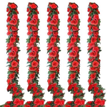 Imagem de 5 peças, rosas vermelhas, videiras, plantas de flores artificiais, guirlanda de rosas falsas, guirlanda floral falsa para pendurar videira de hera rosa para pano de fundo, cortina, arco de casa