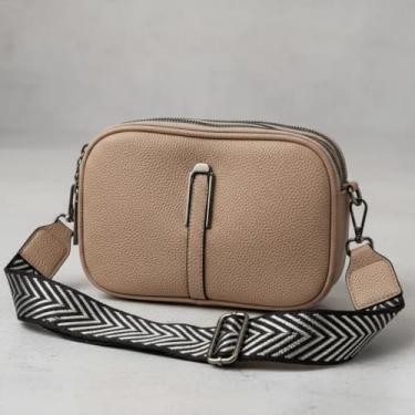 Imagem de Bolsa Transversal Feminina Premium, Couro Sintético, Alça Estampada Chevron, Impermeável, Design Luxo, Preta e Bege (Bege)