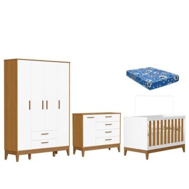 Imagem de Quarto De Bebê Flip Com Cômoda Sapateira Branco Acetinado Savana Com Colchão Ortobom - Reller